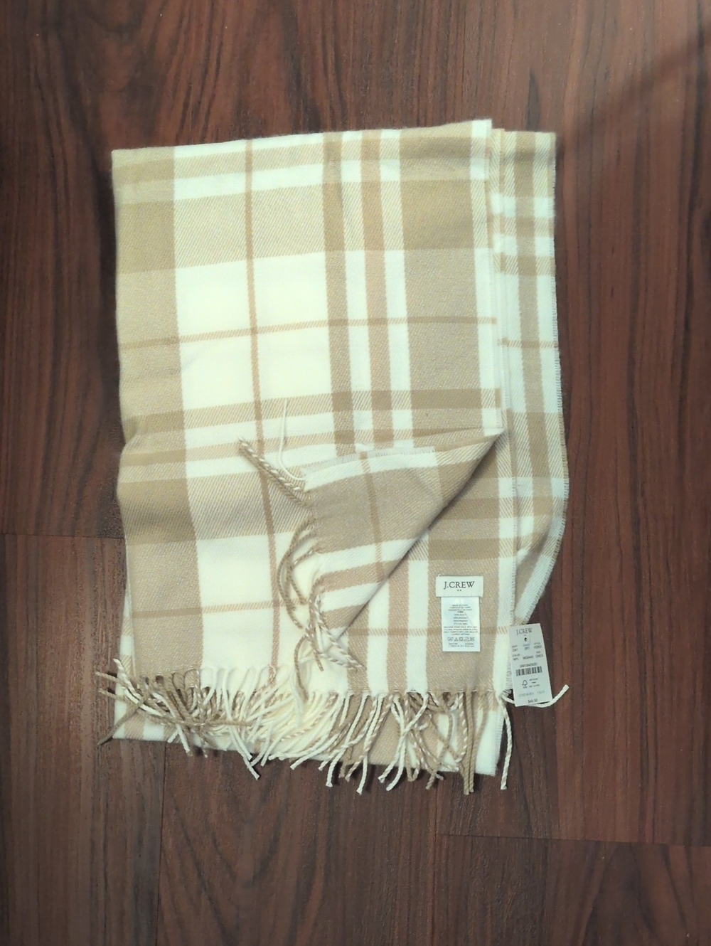 J. Crew Cream and Tan Plaid Fringe Throw